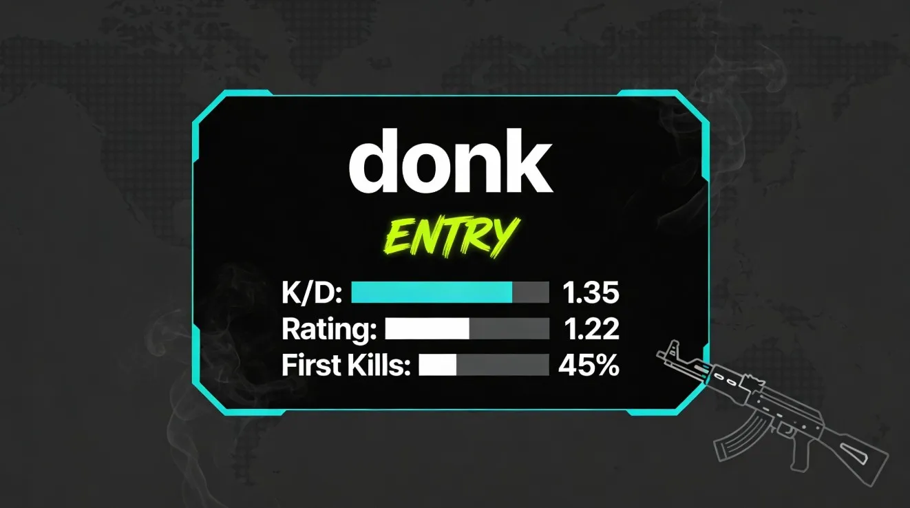 Подробный профиль donk в CS2: роль entry, стиль игры, показатели HLTV, лучшие карты и влияние на командные результаты.